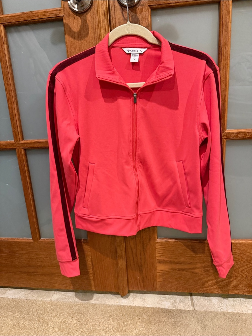 Athleta Coral Pink Track Bomber with Dark Stripe